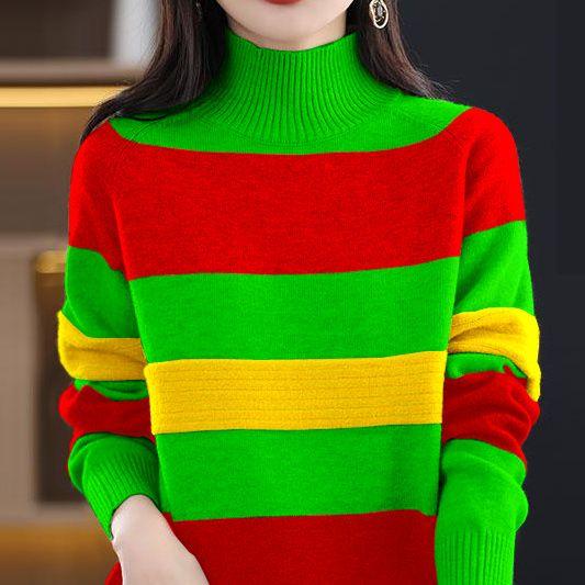 

Осінньо-зимові жіночі нові модні прямі широкі смугасті топи з довгими рукавами, повсякденні теплі жіночі светри з напіввисокою горловиною S зелений
