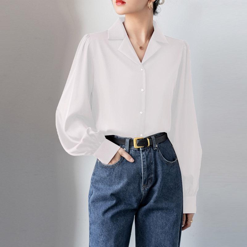 

Women s Black Satin Shirt - 2026 Spring/Fall Loose Fit with Stylish Suit Collar and Long Sleeves L белый