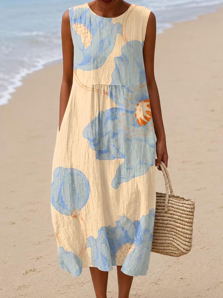 Sleeveless dress 26 new shrink pleated large version loose casual round neck digital printing - bamboo hemp