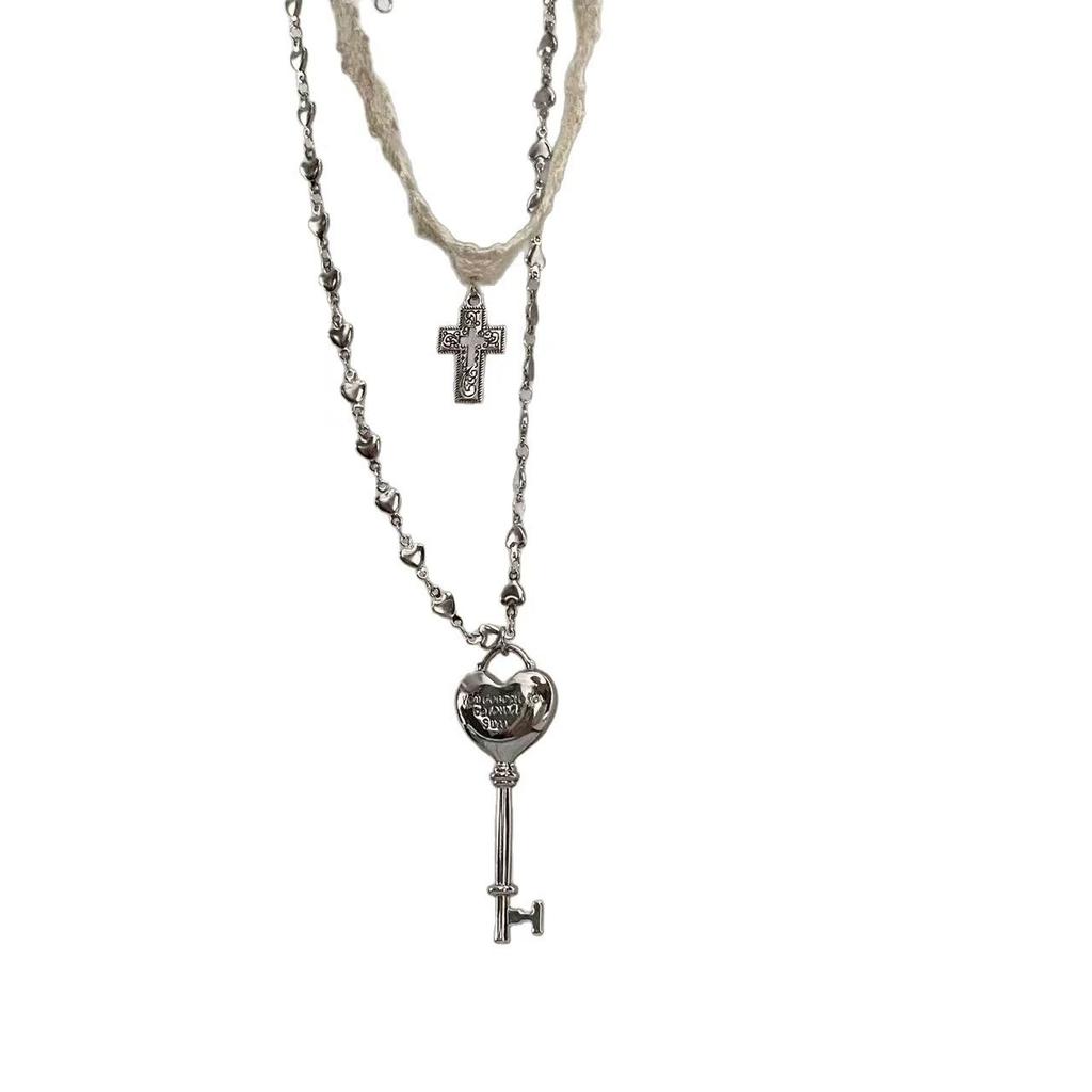 White Lace Cross Strap Choker Stacked Wearing Love Key Necklace Female Sweet Cool Fashion Design Neck Chain