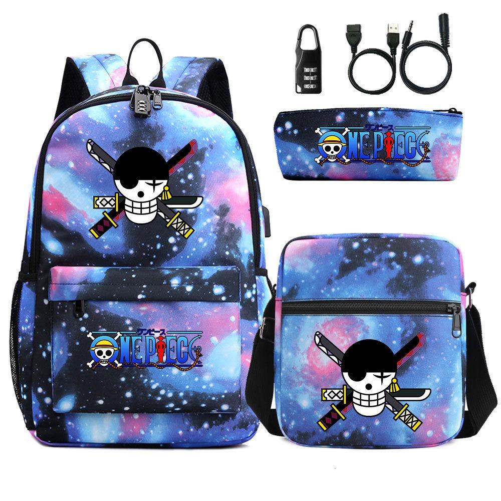 Riman Zaino con lucchetto USB ONE PIECE borsa a tracolla borsa da scuola per studenti astuccio set da tre pezzi uomo e donna