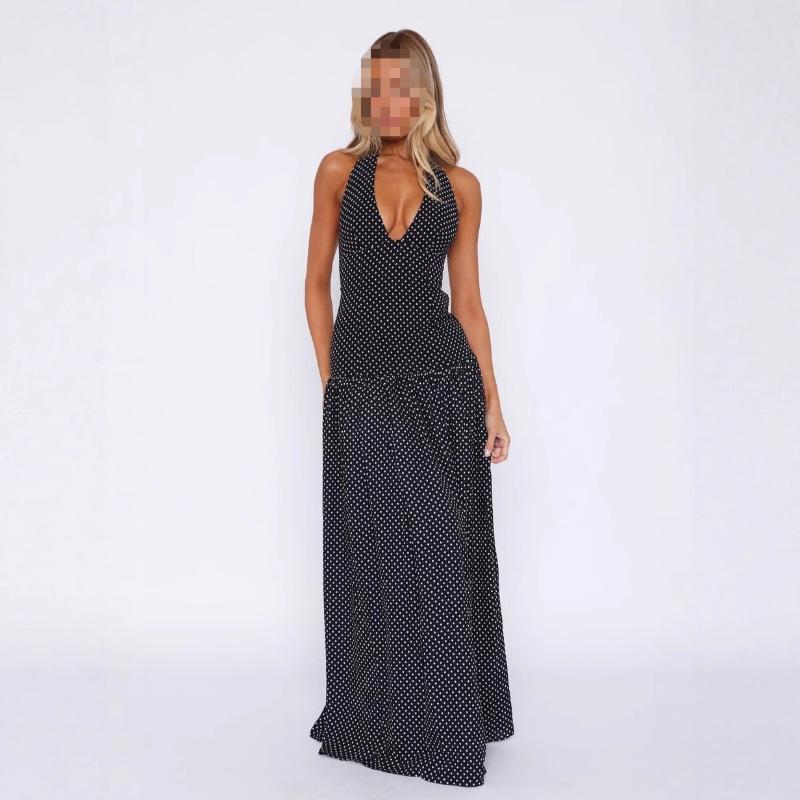 

European and American neck hanging polka dot print deep V retro slim fit sexy backless jumpsuit long skirt L чорний