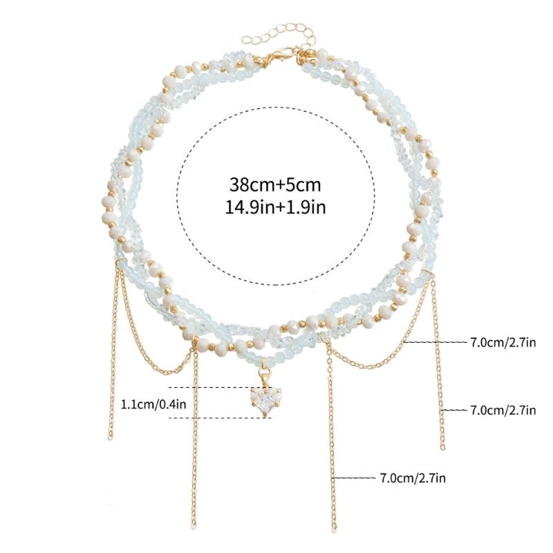 Elegant Multi Layer Heart Tassels Necklace Adjustable Length Beaded Neck Chain for Women Girls Fashion Jewelry Gift