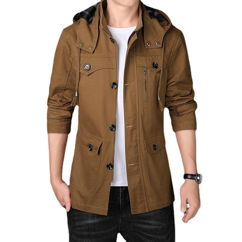 Men's Mid-Length Hooded Jacket - 100% Cotton, Casual Spring/Autumn Trench Coat
