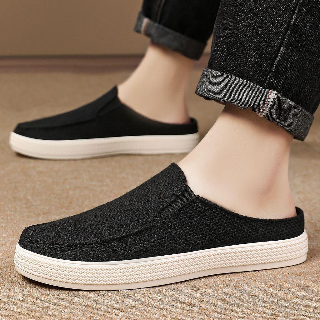 Men's Casual Cotton Linen Backless Moccasins - Solid Color Low-Top Slippers