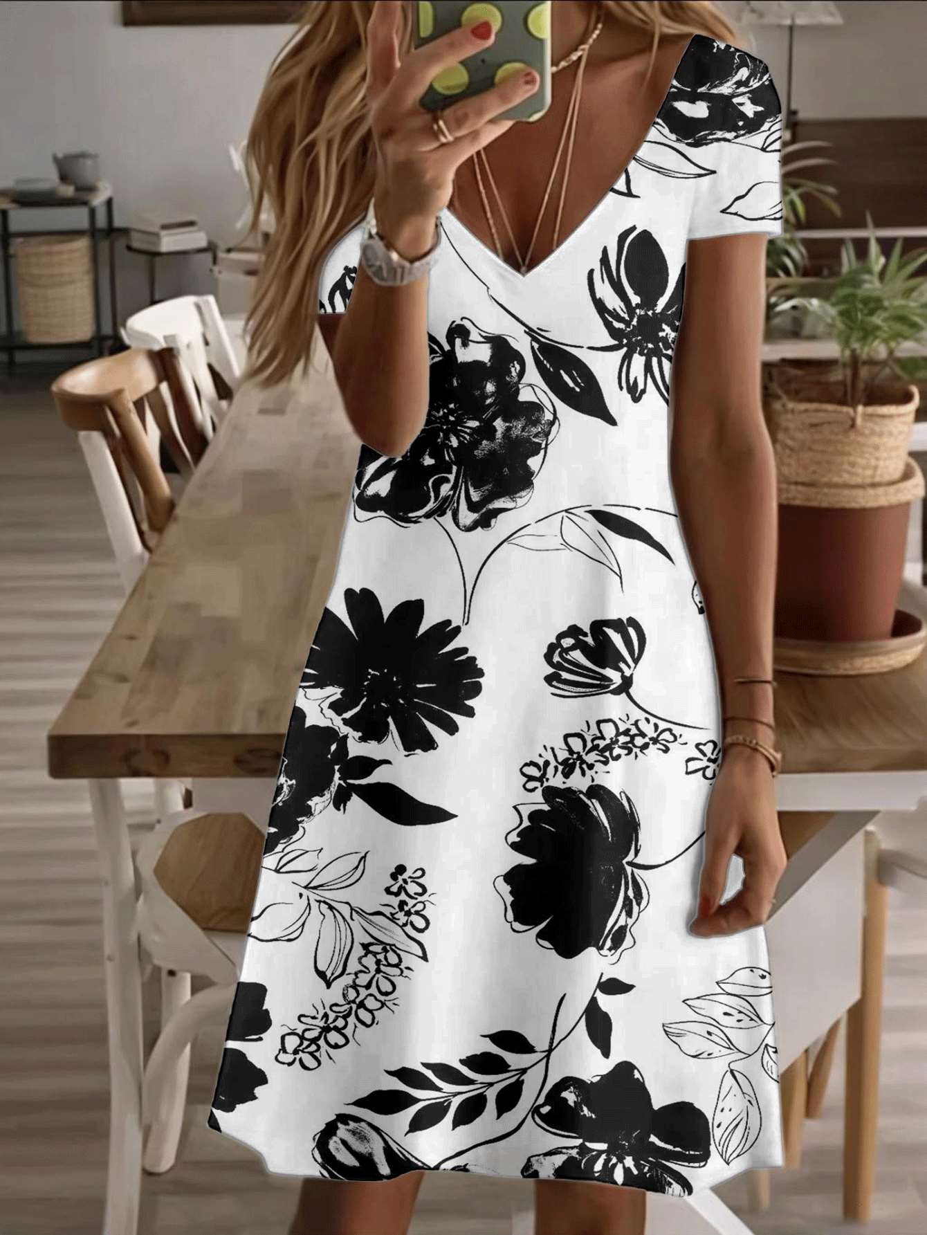 

Vneck shortsleeve midi dress black white floral print women elegant 3D premium printing durable casual fashion summer outfit lightweight breathable st 9XL дубильная кора