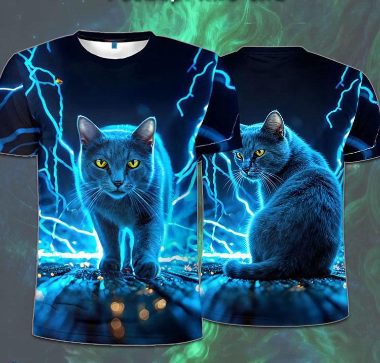 Lightning Cat 3D Printed Animal Pattern T-shirt Men's Fashion Street Trendy Short Sleeve Clothing Casual Harajuku Hip Hop Street Wear