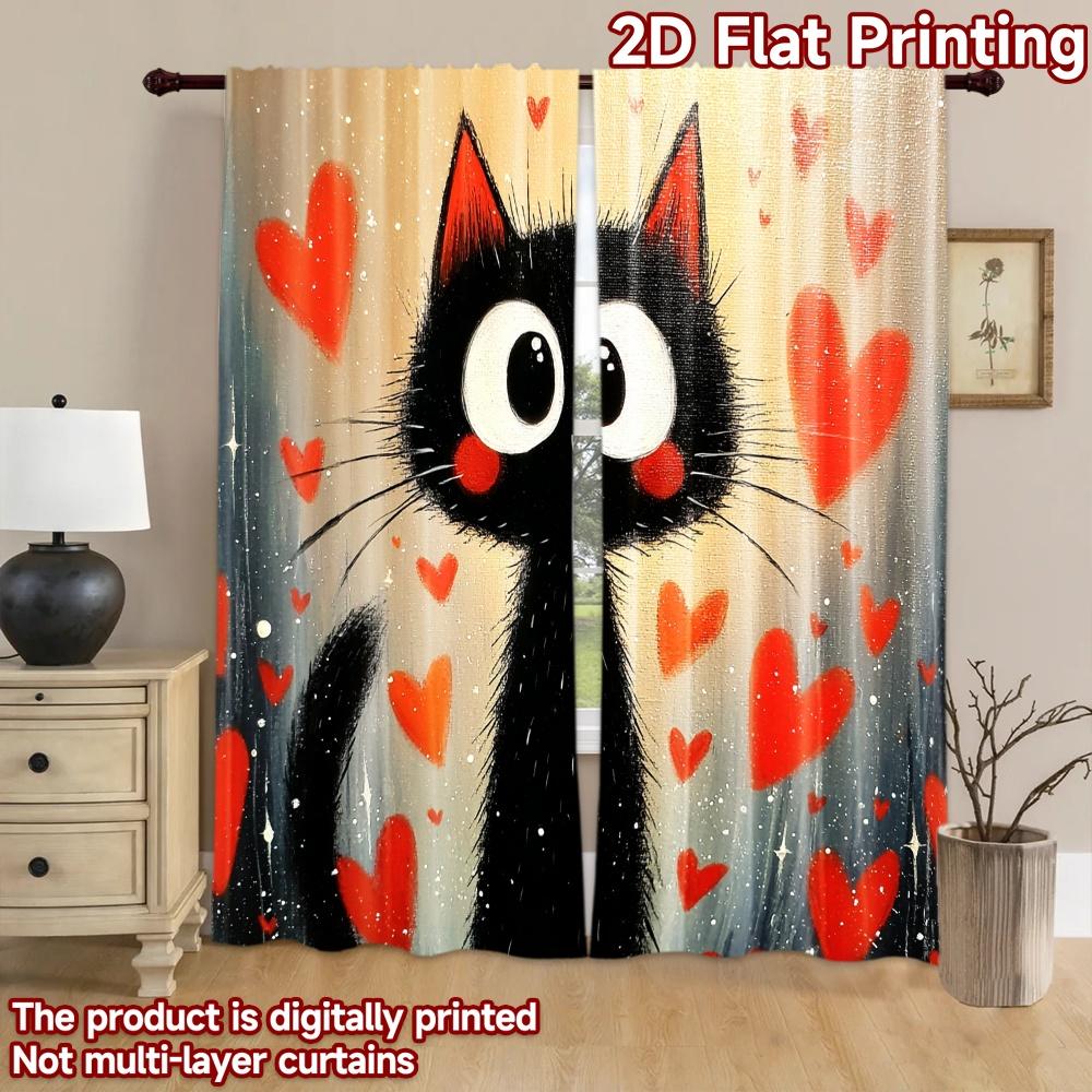 2D flat printing 2pcs Party Window Curtains Black Cat Hearts Digital Printed Polyester Drapes Festive Curtains Use for Home Wall