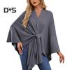 Cloak Tops Women Solid Color Batwing Sleeve Style Shawl Coat Mid-Length Cross Design Cloak Style Blouse