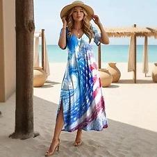 American Flag Flower Pattern Slim Long Dress V-neck Short Sleeve Side Split Hanging Loose Medium and Long Dress