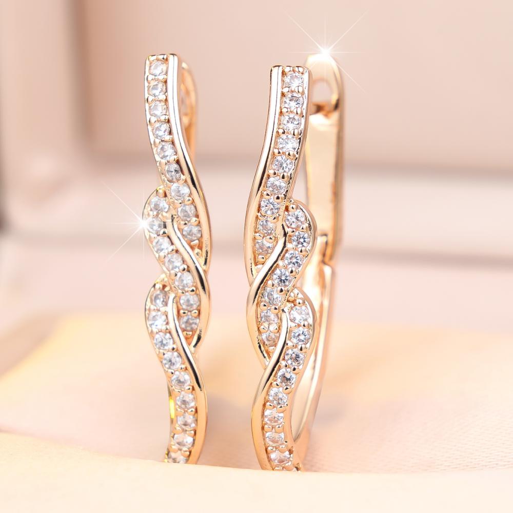 Elegant Rose Gold Color Twisted Wave Zircon Hoop Earrings for Women Daily Wear and Party