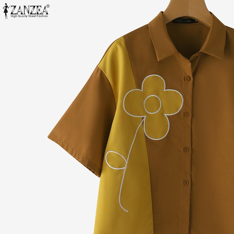ZANZEA Women Fashion Shirt Collar Floral Print Short Sleeve Shirts