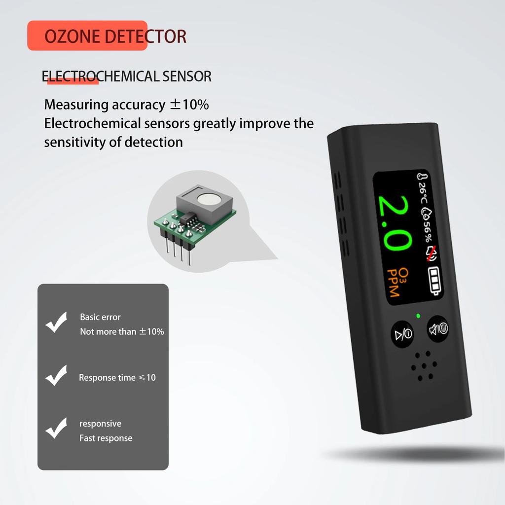 Ozone Gas Detector 3-in-1 Portable O3 Gas/Temperature/Humidity Tester Air Quality Household O3 Gas Monitor USB Charging