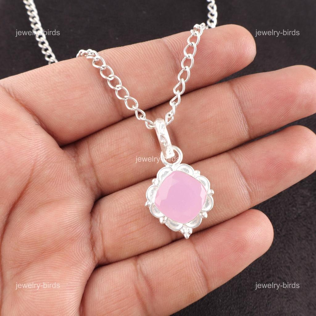 Cushion Natural Rose Chalcedony Handmade Wife Gift New Pendant Sterling Silver PP-2-16