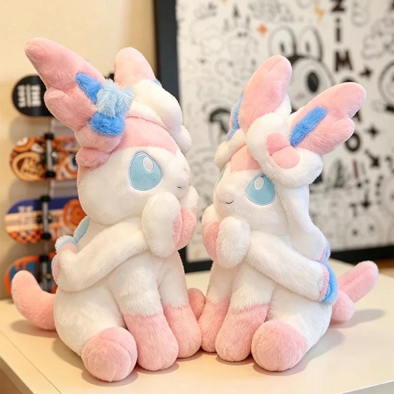 Sitting Pose Sylveon Plush Toy Huggable Soft Fluffy Stuffed Anime Doll Japanese Style Throw Pillow Sofa Bed Home Decor Gifts