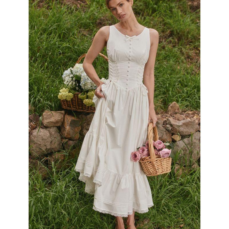 Oxygen First Love House Same Bohemian Elegant Temperament Bow Ballet Style Strap Waist Hugging Dress