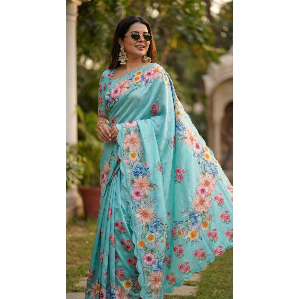 Soft Chinon silk saree floral digital print with beautiful handwork and hand work with cut-work  border