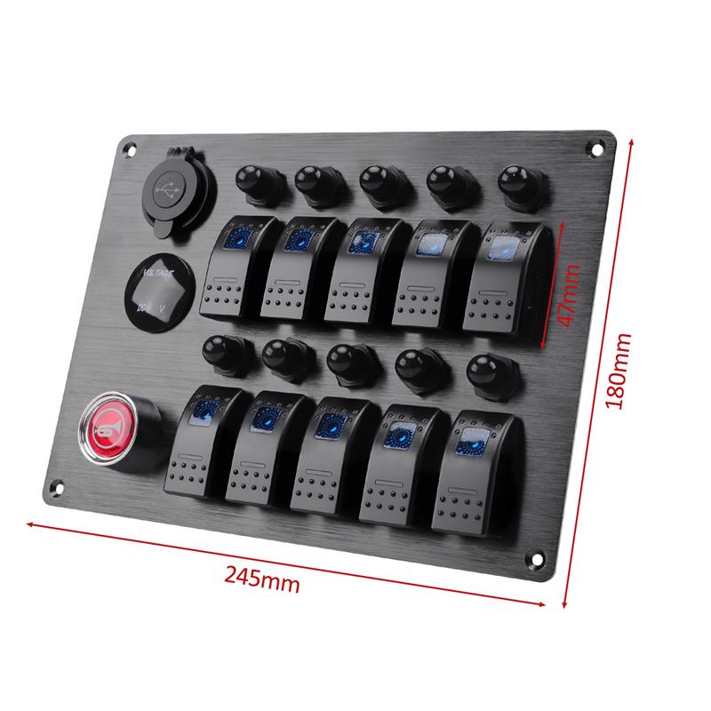 10 Gang Switch Panel Rocker Circuit Breaker Toggle Switch Panel With 3.1A Dual USB Charger+Voltmeter For Car Boat RV Camper