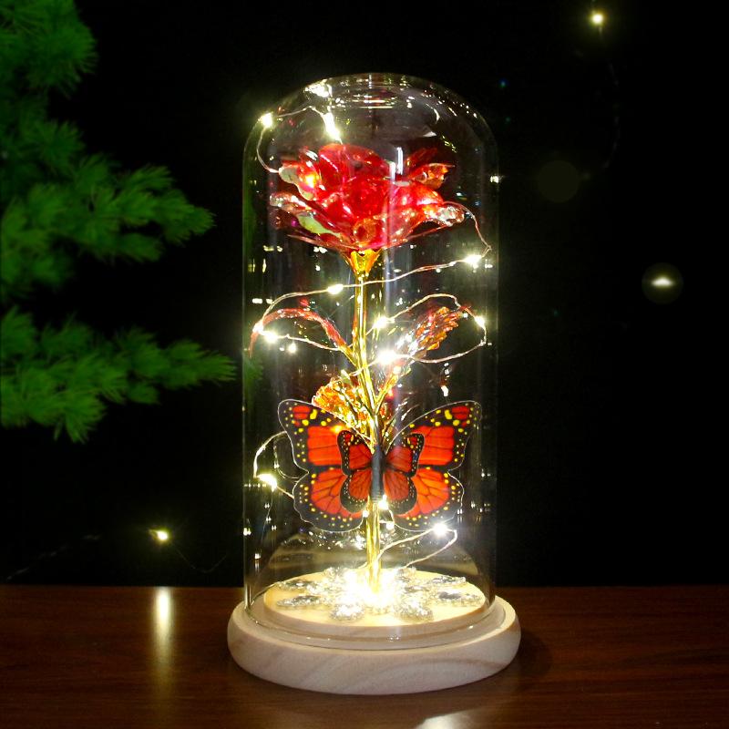 Valentines Day Gift Led Light Foil Galaxy Infinity Rose Glass Dome 24k Gold Rose Butterfly Factory Price Long Lasting 3-5 Years