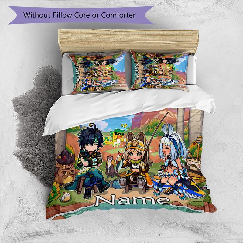 3pcs Custom Name Cartoon Genshin Impact Characters Bedding Set Duvet Cover Closure Includes 1 Duvet Cover & 2 Pillowcases for All Seasons Bedroom Deco