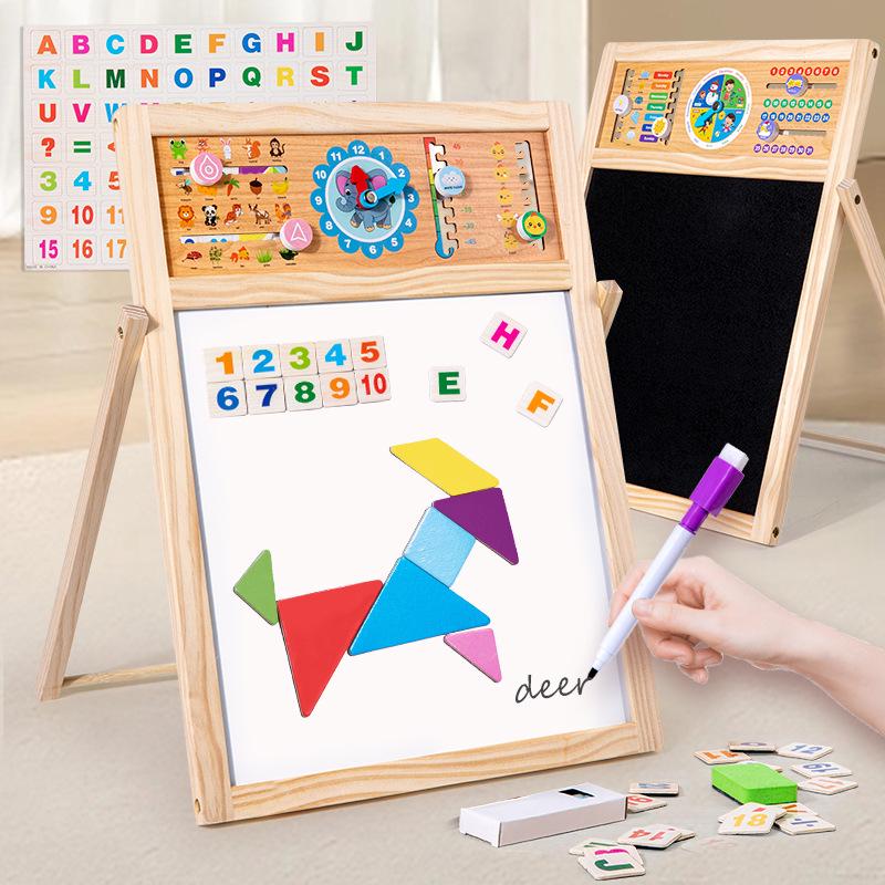 Magnetic Double-Sided Wooden Kids Whiteboard and Chalkboard - Foldable Drawing and Writing Board Toy
