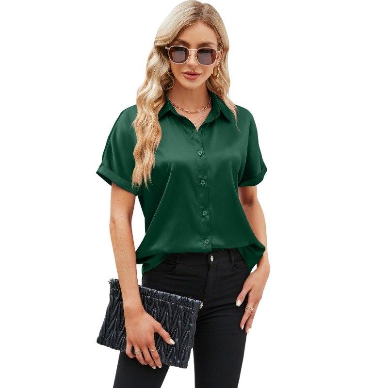 Sommer Kurzarm Satin Hemd Frauen Fashion Solid drehen-unten Kragen Bluse Elegante Beiläufige Lose Büro Damen Tops Blusas 28495