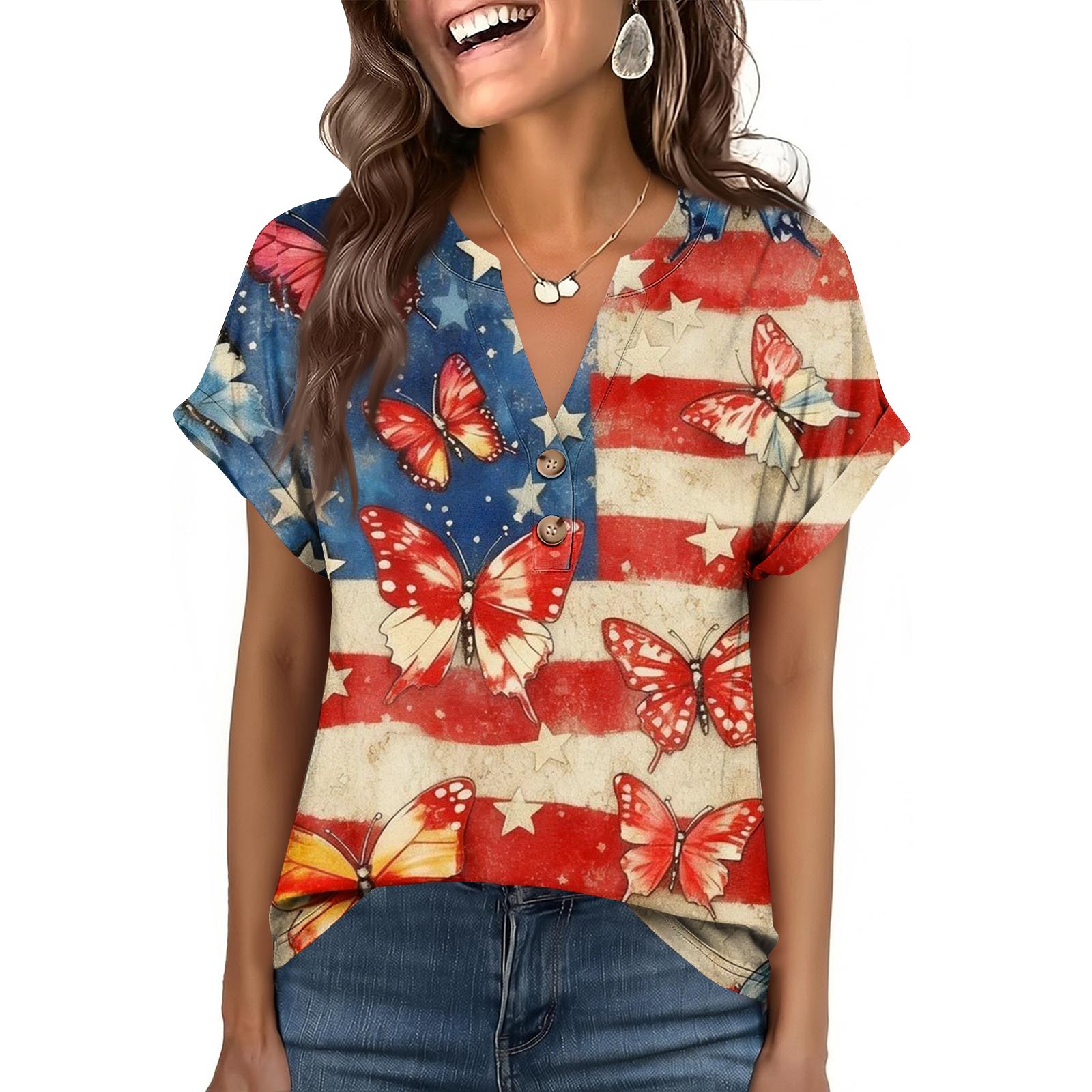 

Women s Fashionable Casual Loose-Fit Short-Sleeved Button-Up V-Neck Printed T-Shirt Top XL червоний