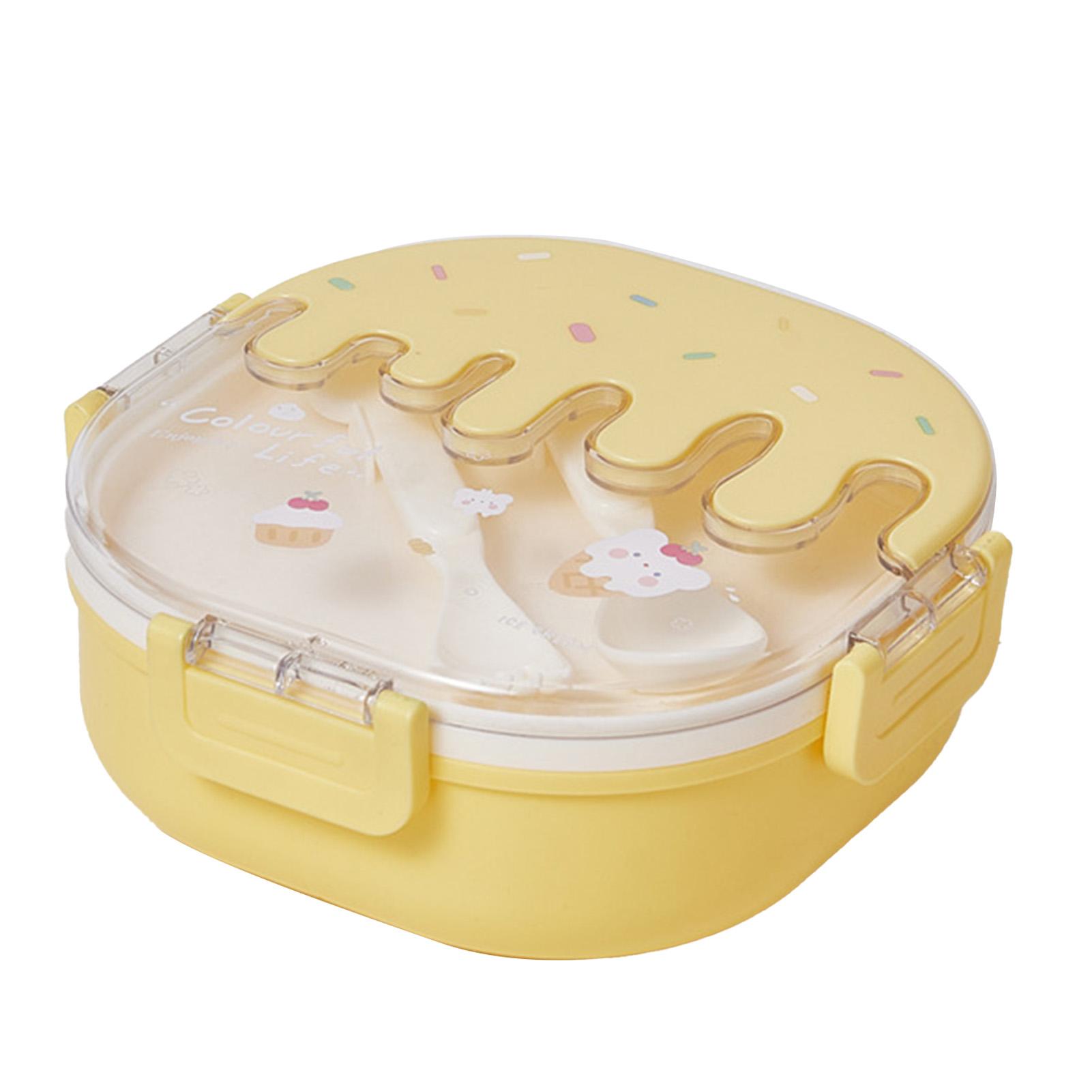 Konnwei Yellow Bento Lunch Box For Kids Adults 3 Compartment Plastic Cute Ice Cream Lunch Snack Containers With Fork And Spoon For