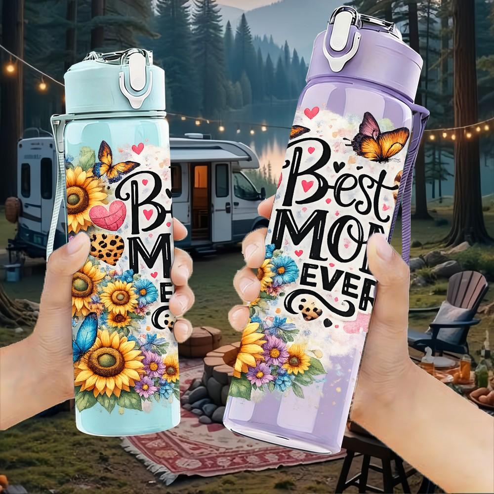 1PC Best Mom Ever Sunflower Quote Print 750ml Color Plastic Sports Water Bottle Leakproof Flip Straw Lid Suitable for Sports Office Home Use