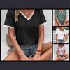 2024 Women's V-neck Lace Patchwork Loose Casual Eyelet T-shirt - European/American Spring/Summer Collection
