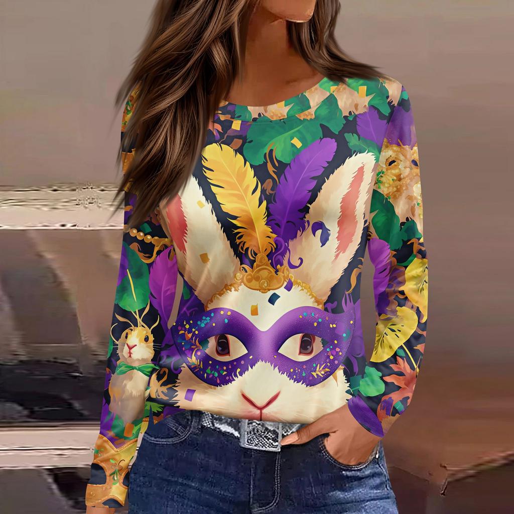 Women's Fashion Casual Slit Hem Round Neck Long Sleeve Loose Printed T-Shirt Top