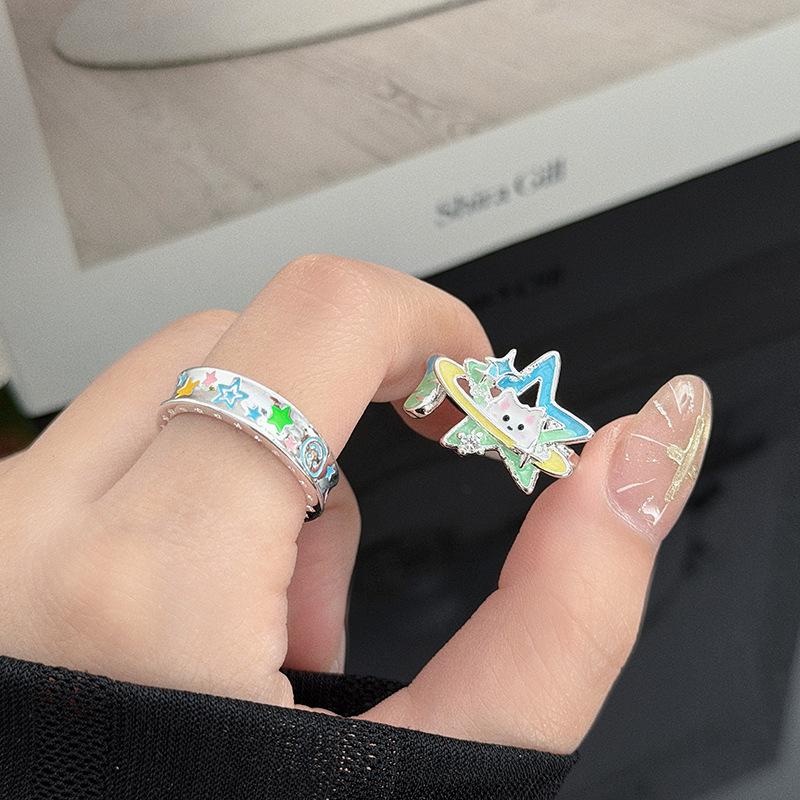 Sweet Sister, Childlike Fun, Colorful Stars, Cat Planet, Enamel Color, Open Ring, Niche Stacking, Wearing High-End Rings, Woman