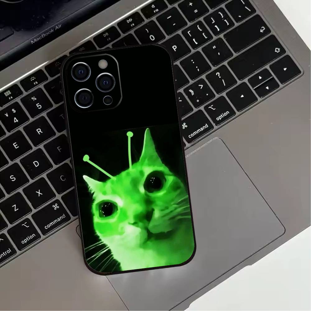 

Зеленый инопланетный кот милый Чехол для телефона для iPhone 17,16,15,14,13,12,11 Plus,Pro Max,XS,Мягкий силиконовый черный чехол iPhone16promax