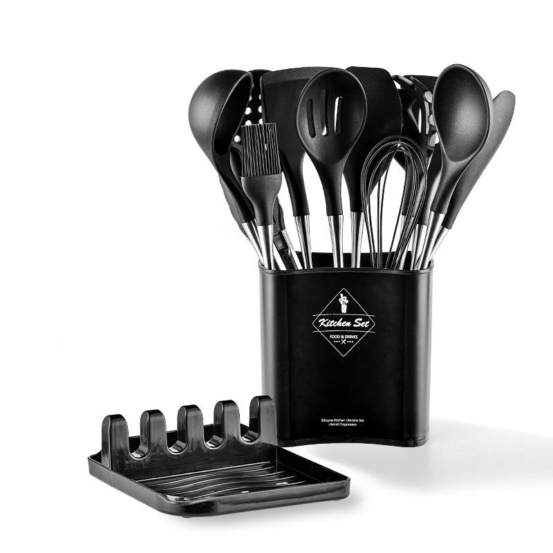 12-Piece Stainless Steel & Silicone Kitchen Utensil Set with Storage Bucket: Spatula, Spoon, Whisk Set