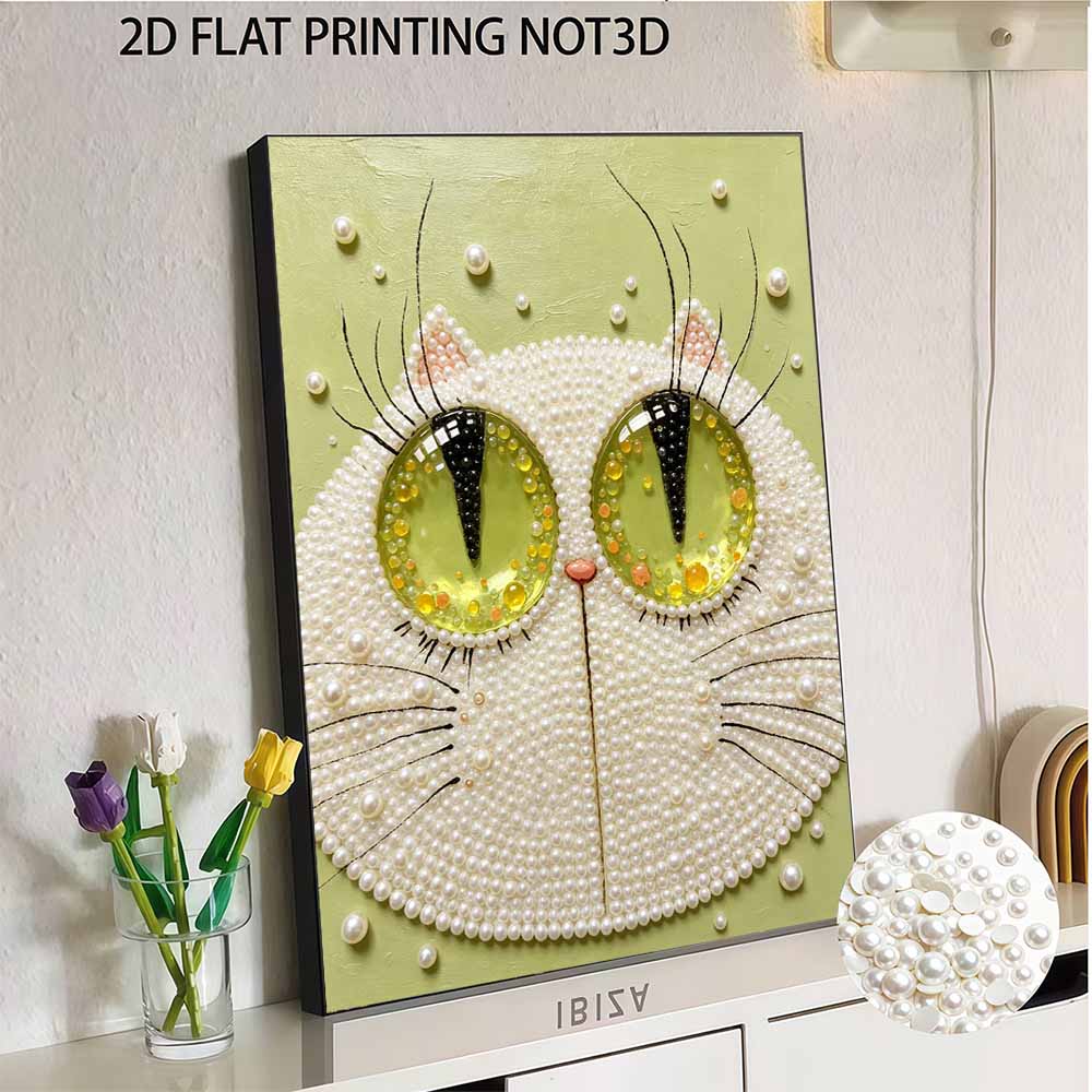 Creative DIY Framed Pearl Art Kit with Cute White Cat Pattern Sparkling Bead Canvas Ready to Display Relaxing Gift for Adults Craft Decor
