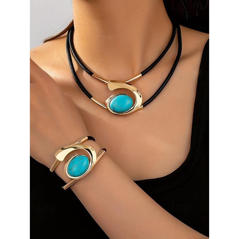 Simia style necklace and bracelet set, double black rope design, with oval black rhinestone pendant, ladies fashion jewelry
