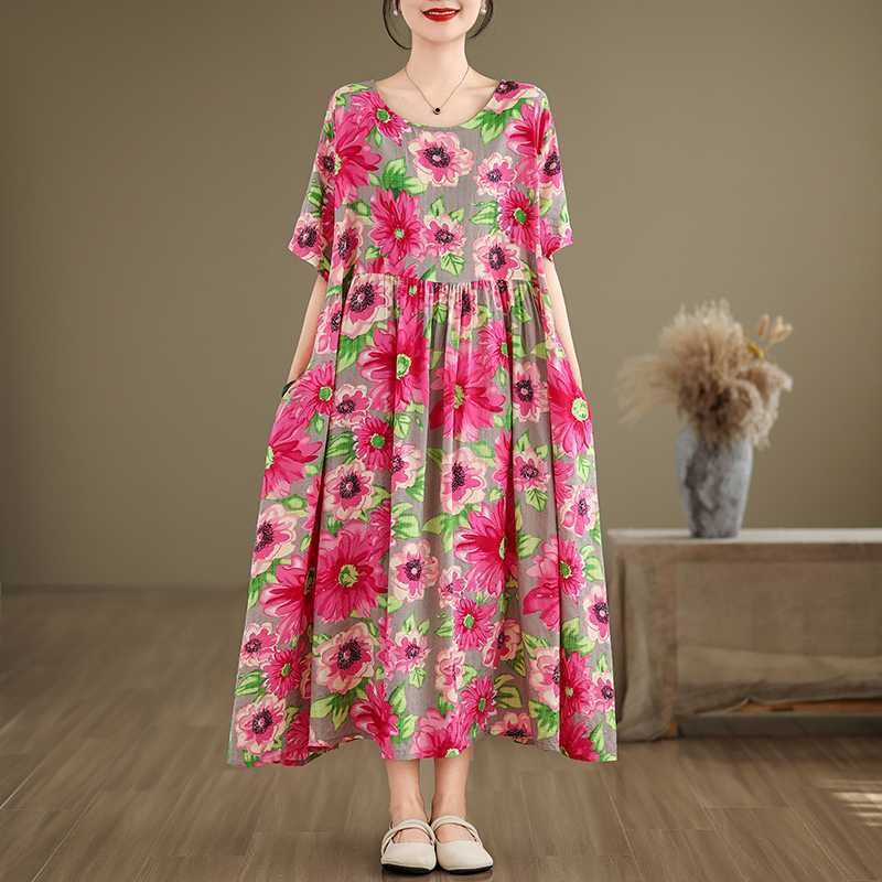 

Летнее Свободное и Модное Хлопково-Льняное Платье с Принтом, с Коротким Рукавом, Повседневное One size