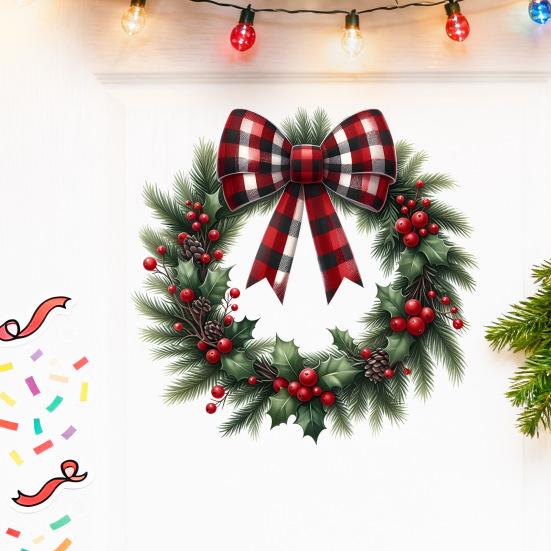 Christmas Wreath Stickers Removable Wall Decals Holiday Pine Cones Bow Wreath Patterns Stickers for Home Window Glass Door Decor