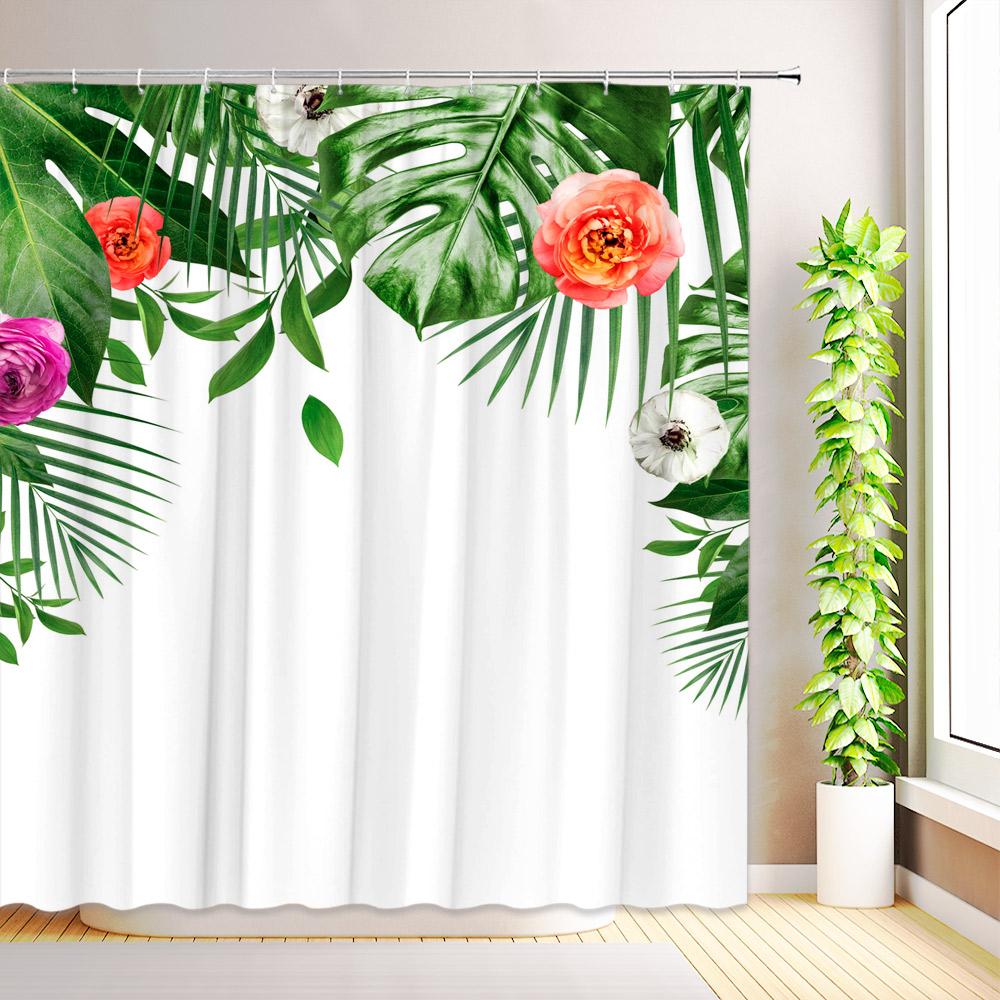 Tropical Leaves Hummingbirds Shower Curtain Green Palm Leaf Flowers Plants Bird Bathroom Decor Fabric Bath Curtains with Hooks