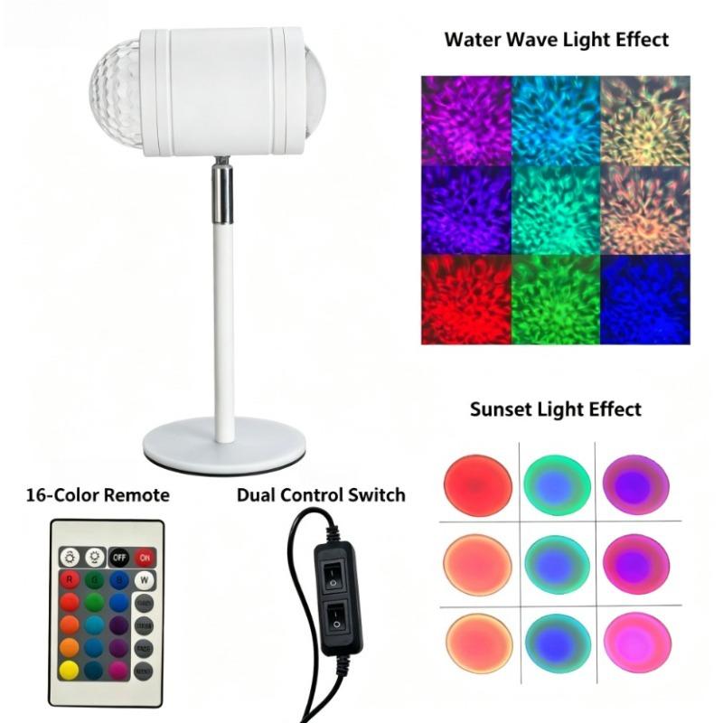 16 Colors Dual-Head Water Ripple Projector Lamp, 360° Rotatable LED Night Light with Button & Remote Control for Bedroom Home Decor