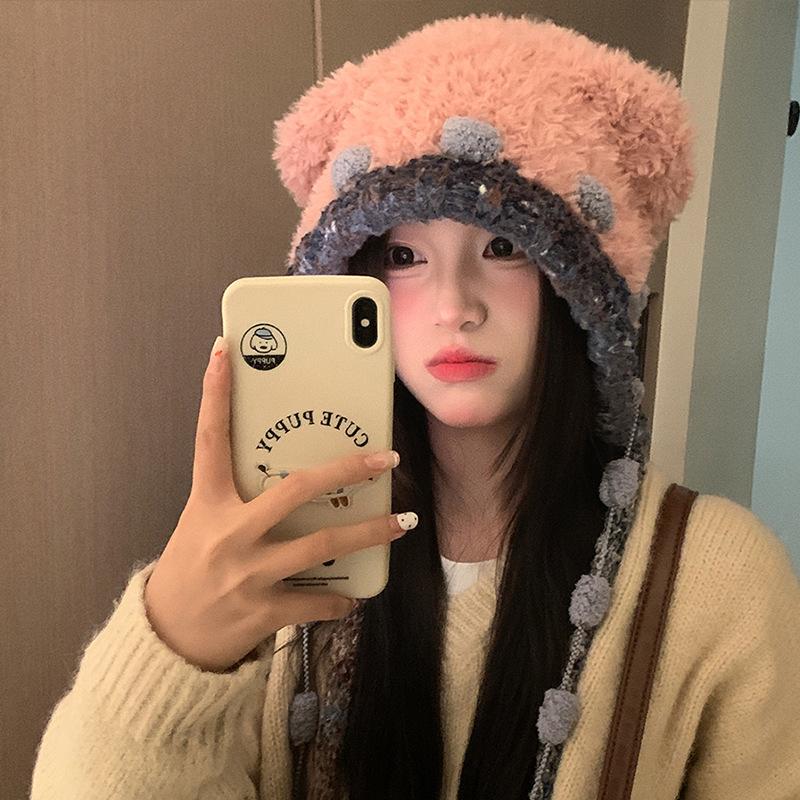 Cute Bear Ears Plush Hat Women's Autumn and Winter Japanese Versatile Knitted Hat Thickened Warmth Ear Protection Lei Feng Hat
