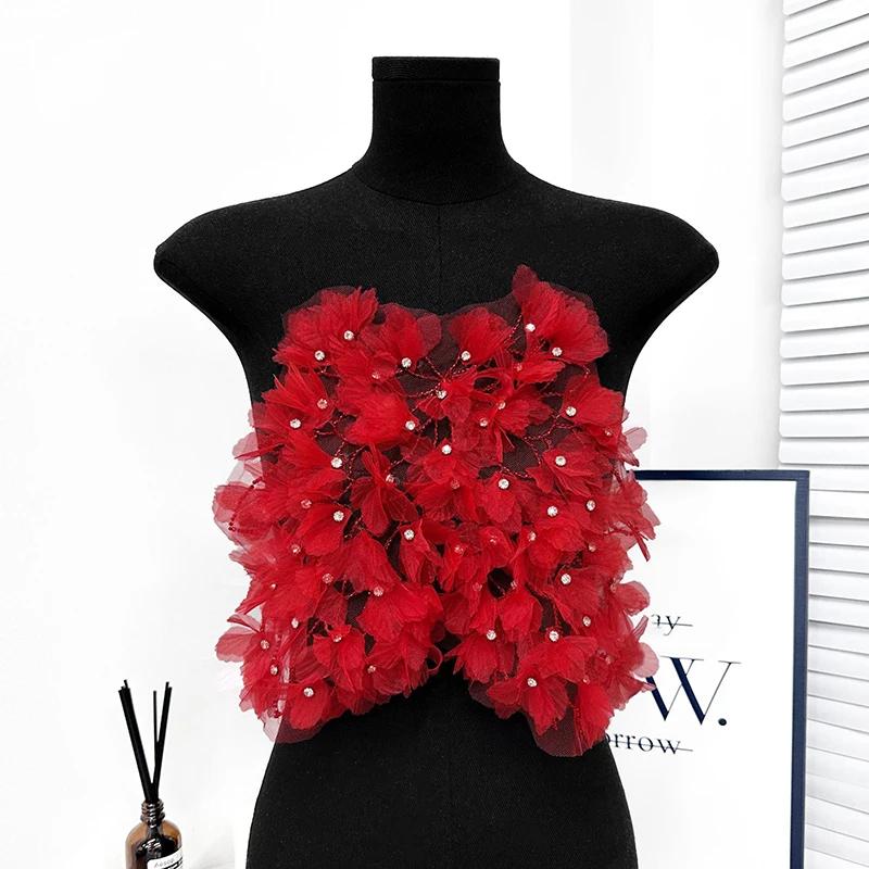 

1pc Double-Layered Mesh Lace Applique Heavy Industry Mesh Trim Pleated Beaded Patch DIY Chest Wrap Evening Dress Accessories червоний