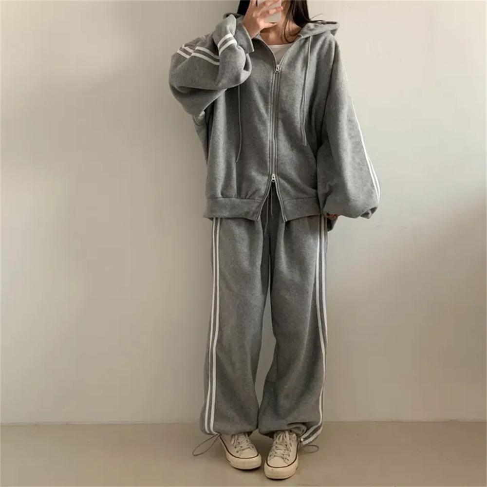 

Серый повседневный комплект из двух предметов в корейском стиле из смесового хлопка для женщин - Модный лоскутный дизайн для весны/осени XXXL