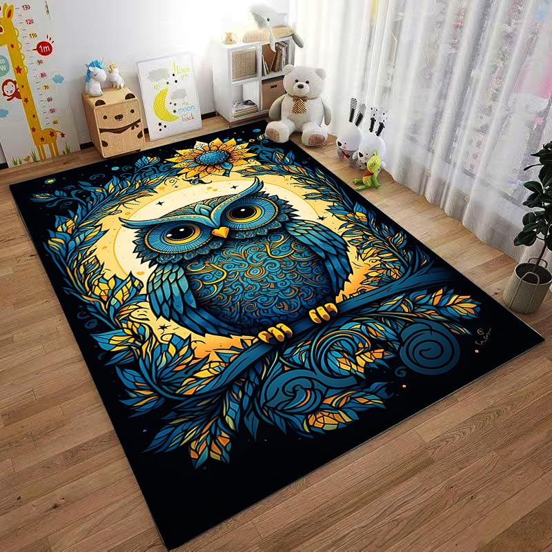 Illustrated Owl Carpet with Floral Patterns in Blue and Gold Suitable for use as an anti-slip for living room bedroom sofas