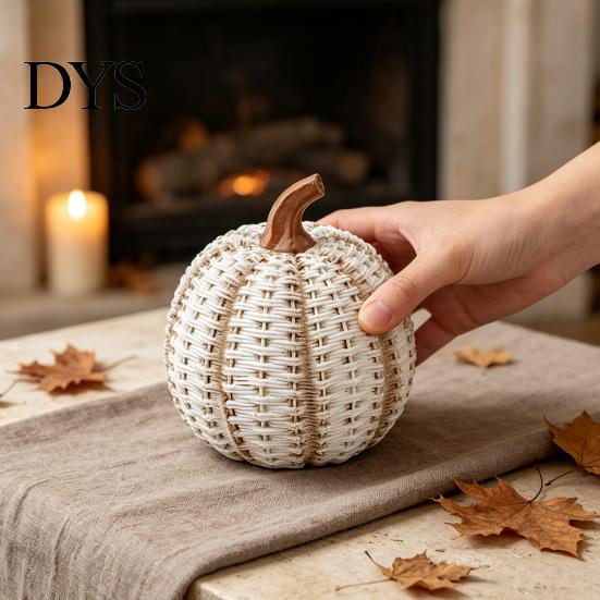Simulated Rattan Texture Craft Faux Woven Pumpkin Ornament, Resin Decorative Figurine, Rustic Decor Farmhouse Desktop Decoration for Halloween Harvest
