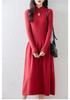 Retro Chinese Stand Collar A-Line Wool Knit Dress, Knee-Length Loose Fit for Autumn/Winter