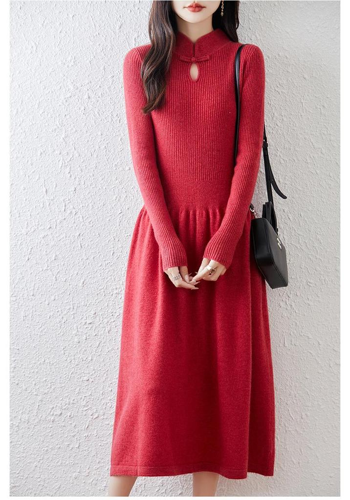 Retro Chinese Stand Collar A-Line Wool Knit Dress, Knee-Length Loose Fit for Autumn/Winter