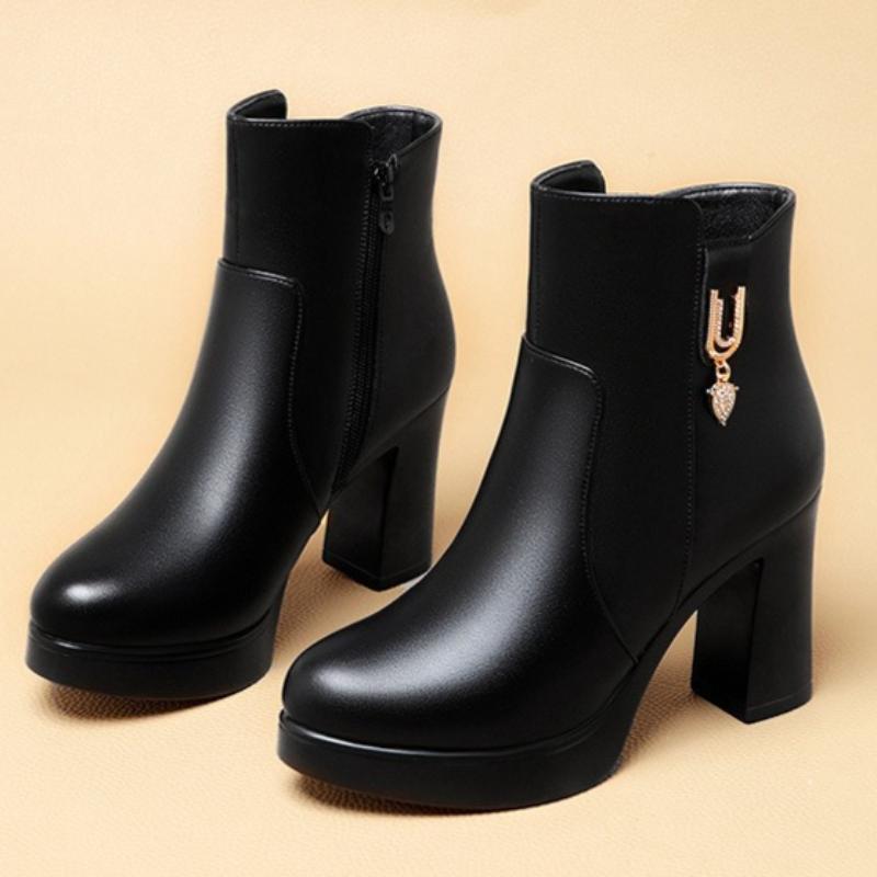 Women's Autumn/Winter High-Heeled Short Boots with Chunky Heels and Fleece Lining