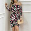 Women Plus Size Asymmetric Cold Shoulder Long Sleeve Green Pink Camo Print Irregular Wrap Bodycon Midi Dress
