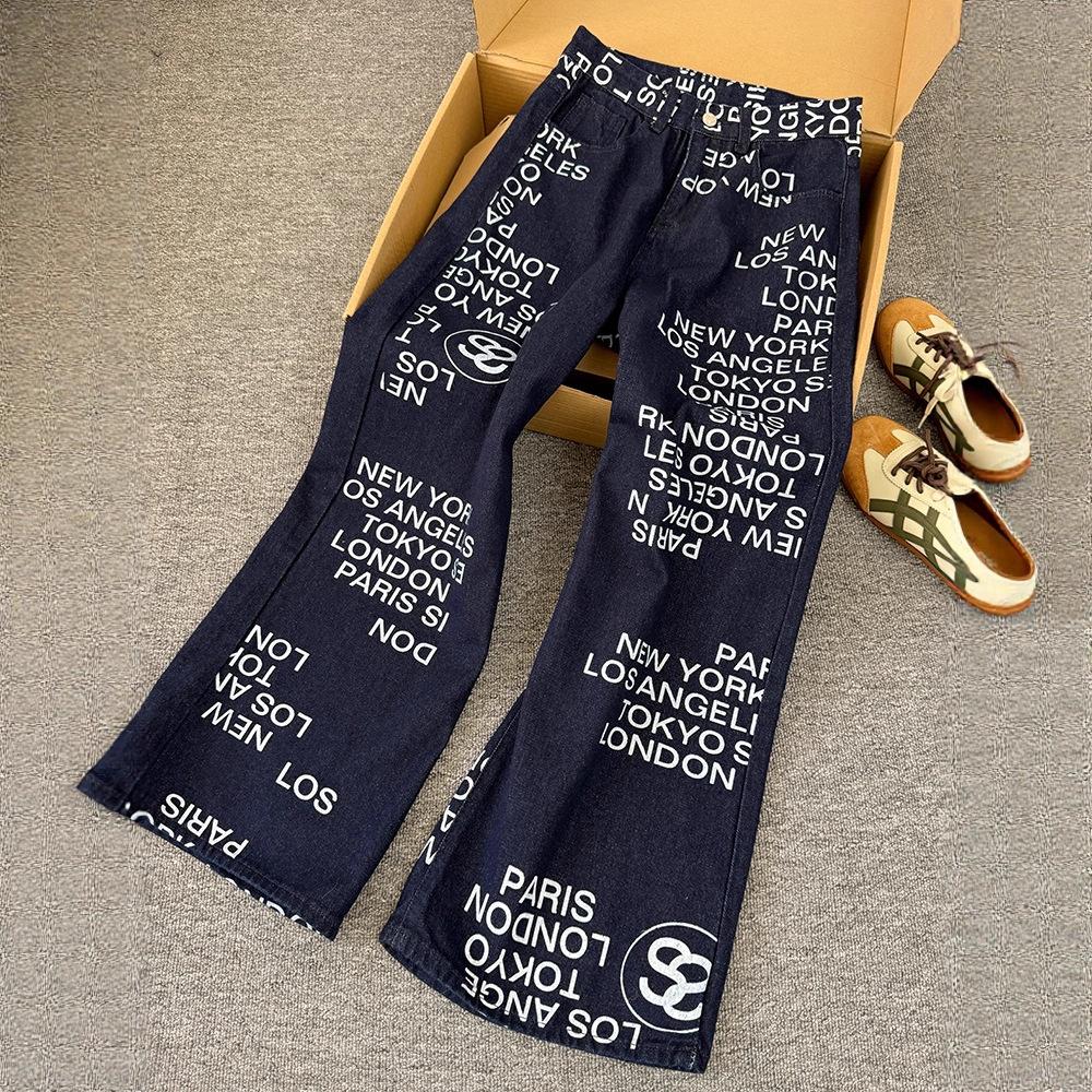 JYL Unisex Straight Jeans Denim Blue Letter Print American Vintage Loose Casual Denim